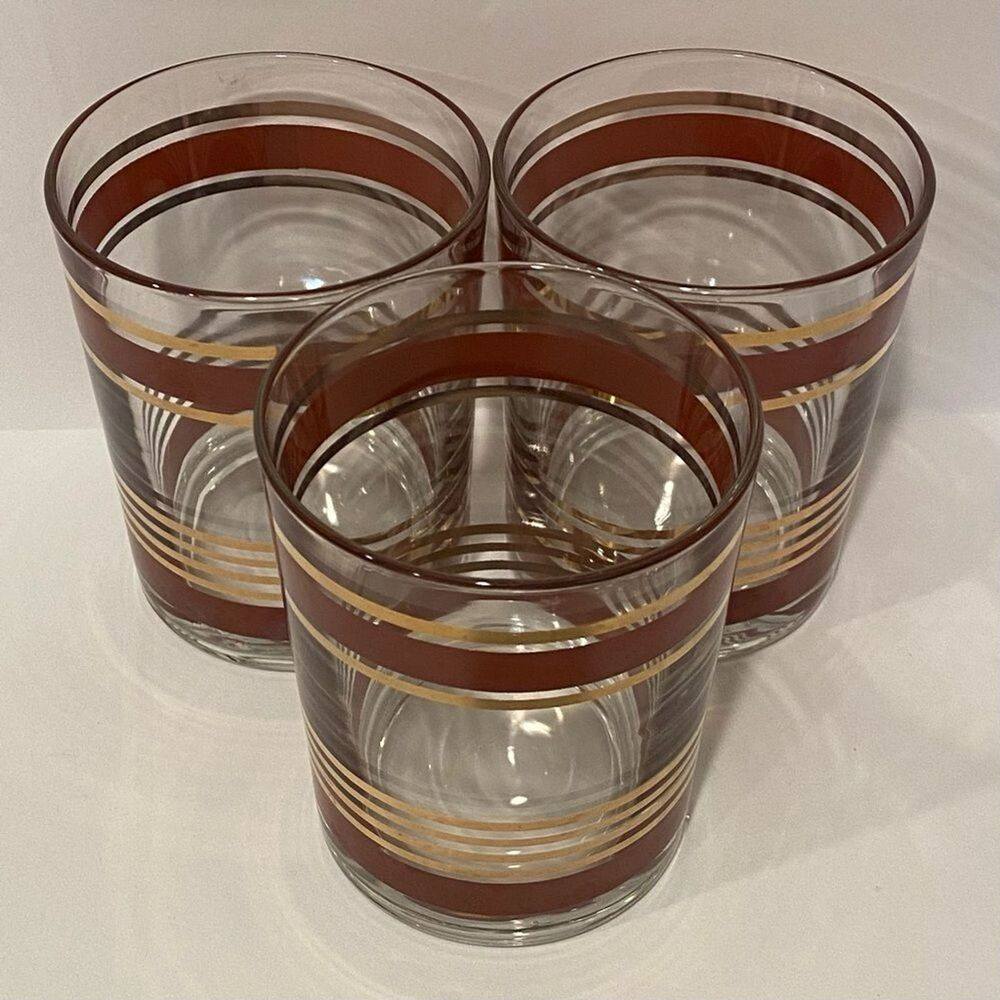 Vintage Red & Gold Striped Old Fashioned Glasses – Set of 3 | Mid-Century